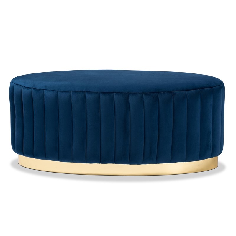 Baxton Studio Kirana Navy Blue Velvet Fabric Upholstered and Gold PU Ottoman
