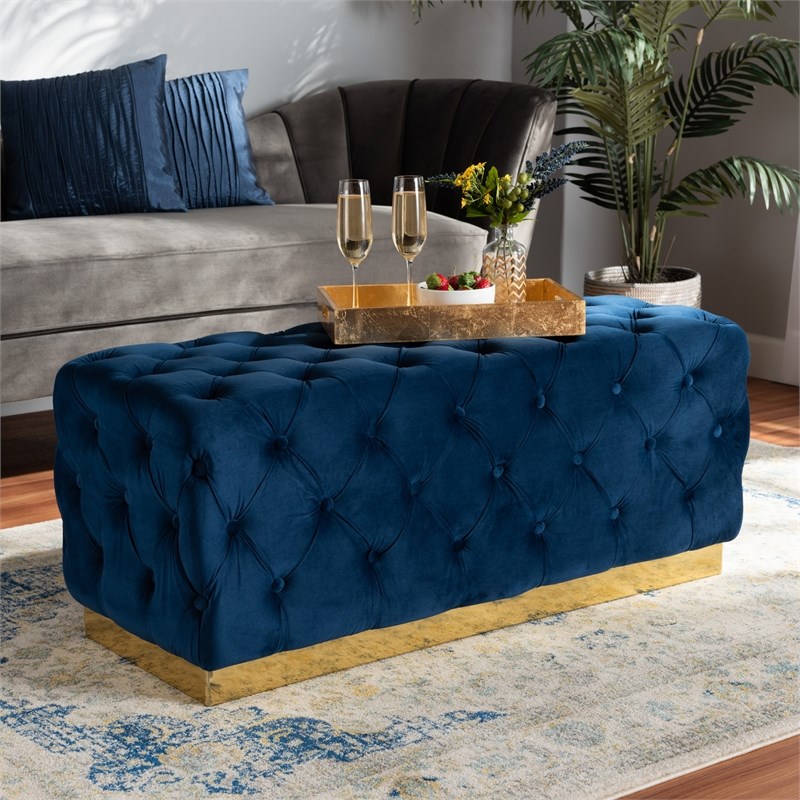 Baxton Studio Corrine Navy Blue Velvet Fabric Upholstered and Gold PU Ottoman