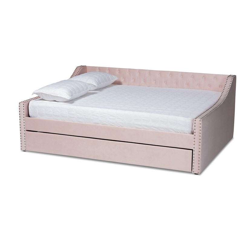 Baxton Studio Raphael Pink Velvet Upholstered Queen Size Daybed with Trundle