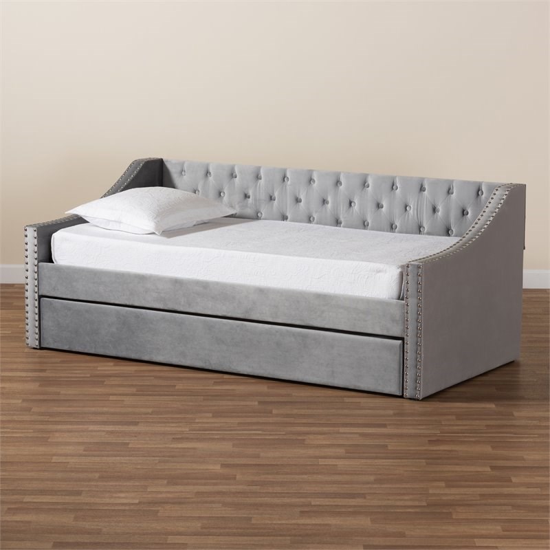 Baxton Studio Raphael Grey Velvet Upholstered Twin Size Daybed with Trundle