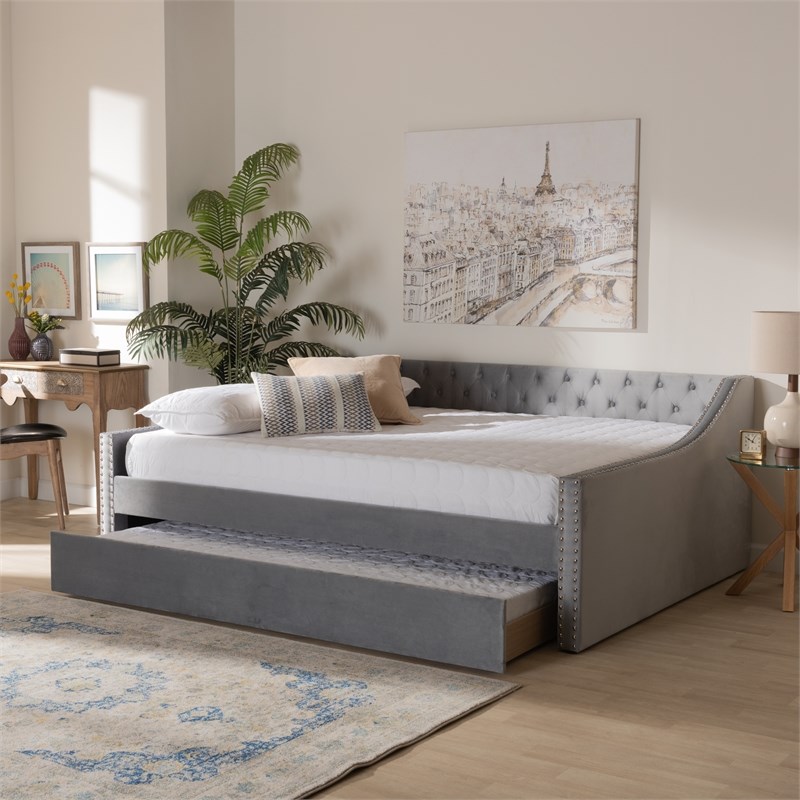 Baxton Studio Raphael Grey Velvet Upholstered Queen Size Daybed with