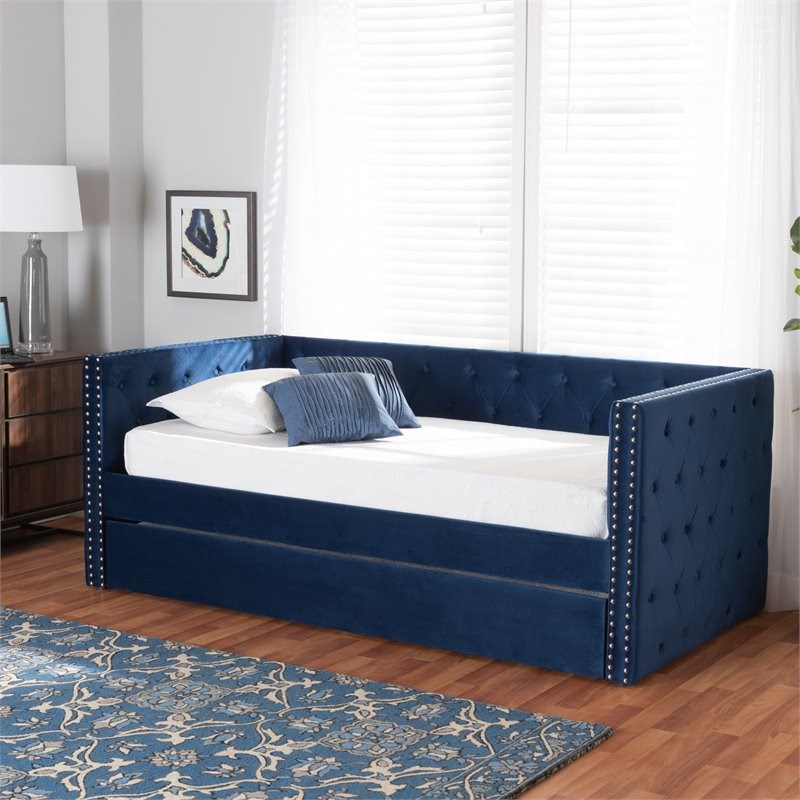 Baxton Studio Larkin Blue Velvet Upholstered Twin Size Daybed with Trundle