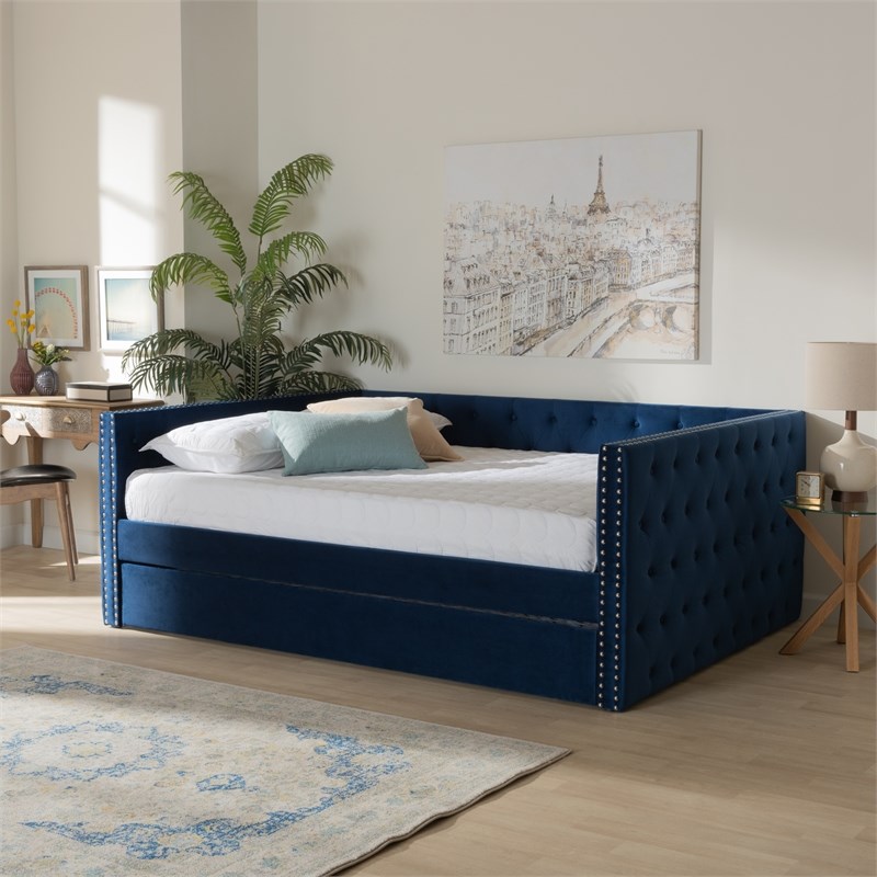 Baxton Studio Larkin Blue Velvet Upholstered Full Size Daybed with Trundle