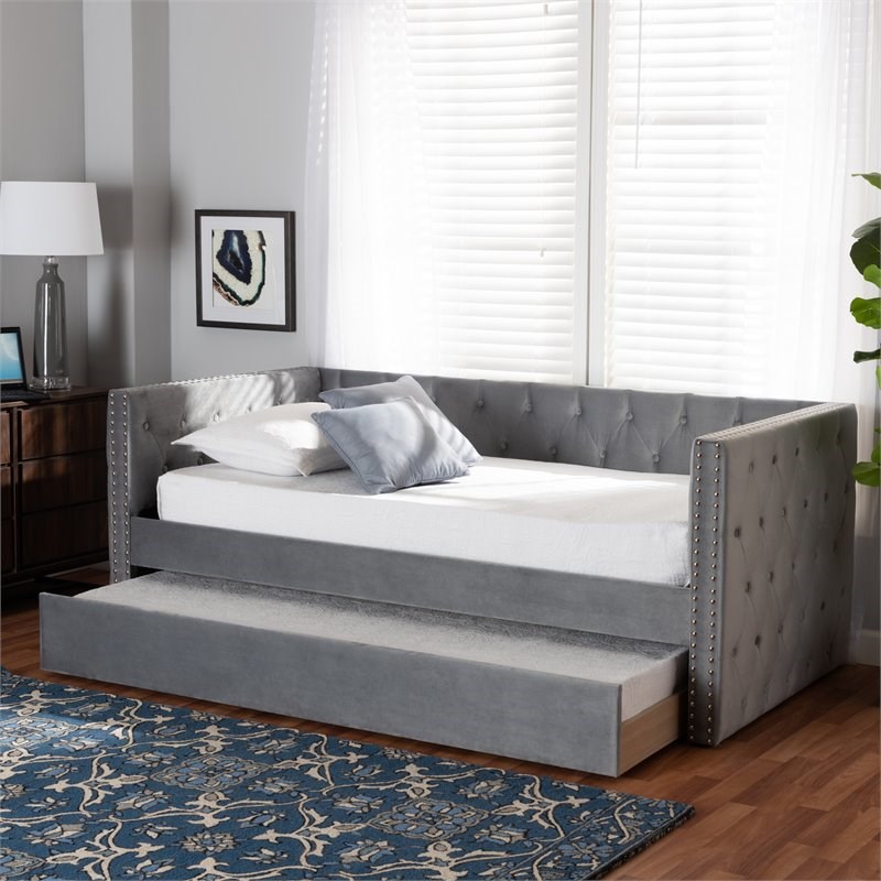 Baxton Studio Larkin Grey Velvet Upholstered Twin Size Daybed with Trundle