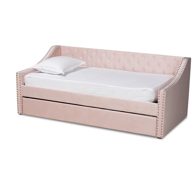Baxton Studio Raphael Pink Velvet Upholstered Twin Size Daybed with Trundle
