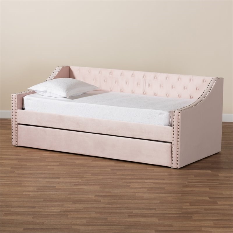 Baxton Studio Raphael Pink Velvet Upholstered Twin Size Daybed with Trundle