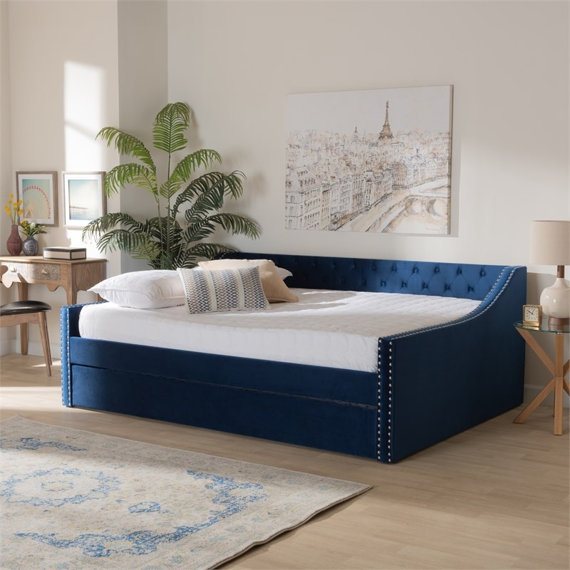 Baxton Studio Raphael Blue Velvet Upholstered Queen Size Daybed with