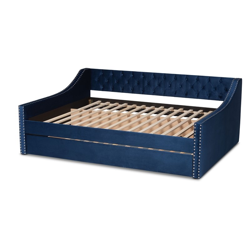 Baxton Studio Raphael Blue Velvet Upholstered Queen Size Daybed with Trundle