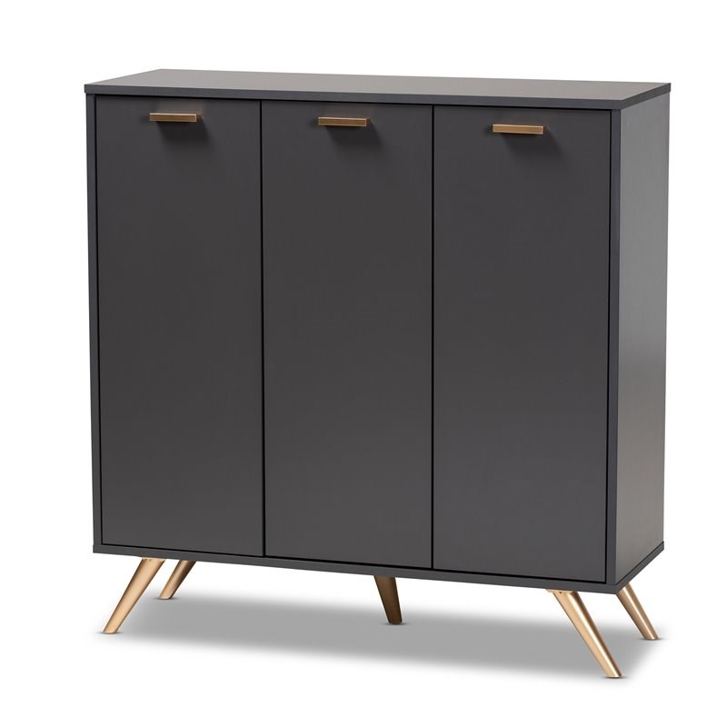 Baxton Studio Kelson Dark Gray and Gold Finished Wood 3-Door Shoe Cabinet