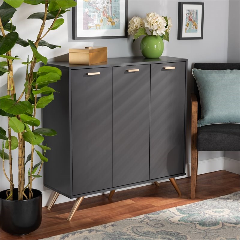 Baxton Studio Kelson Dark Gray and Gold Finished Wood 3-Door Shoe Cabinet