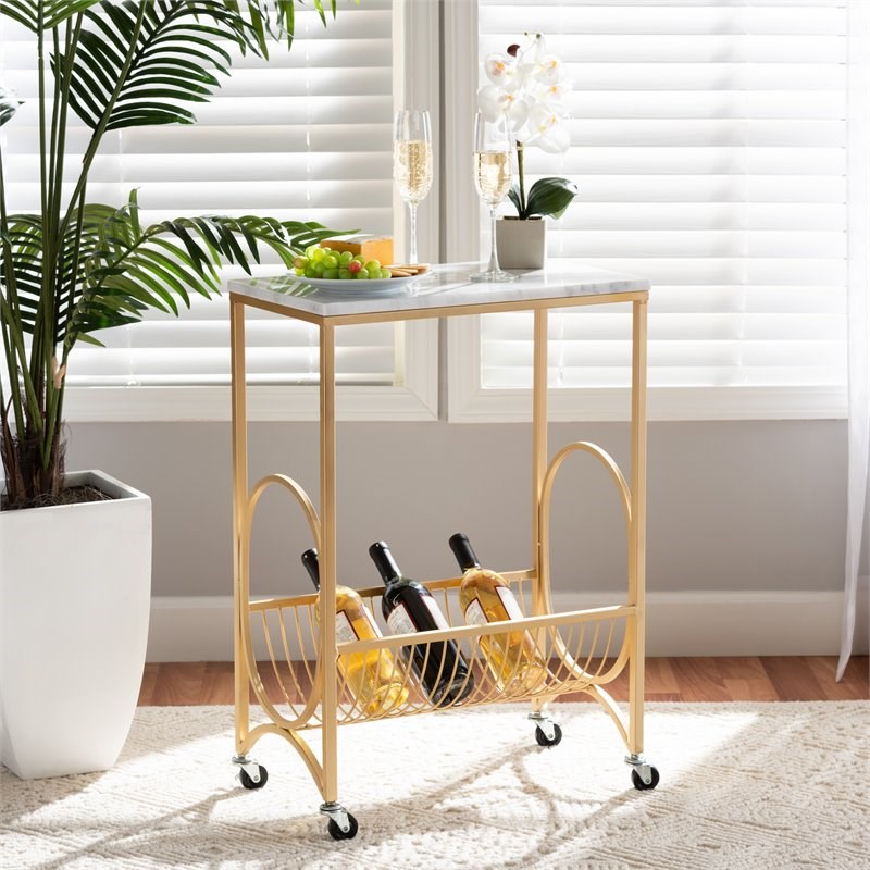 Baxton Studio Jacek Gold Finished Metal Wine Cart with Marble Tabletop