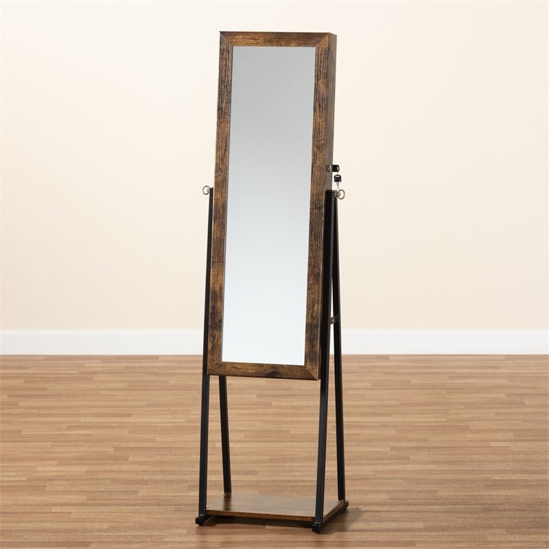 Baxton Studio Ganit Brown Finished Wood and Black Metal Armoire with Mirror