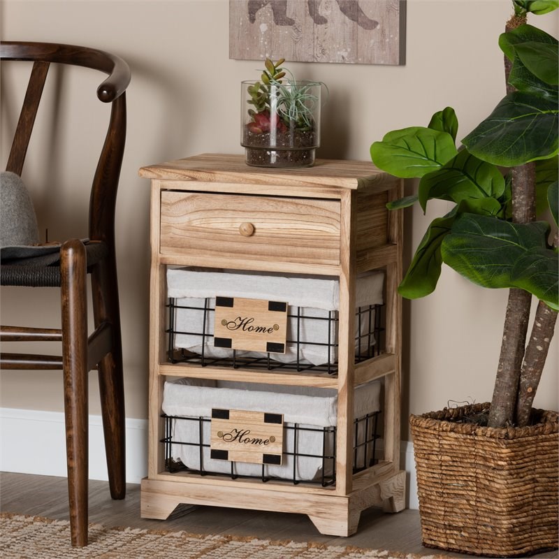 Baxton Studio Madra Brown Finished Wood and 1-Drawer End Table With Baskets