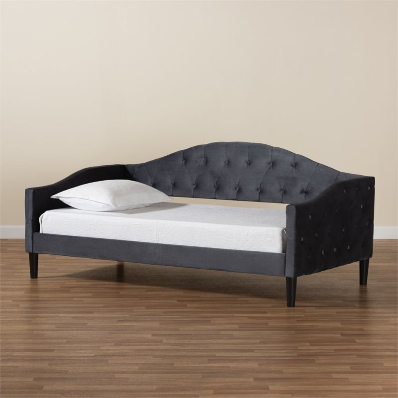 Baxton Studio Benjamin Grey Velvet and Dark Brown Finished Wood Twin Size Daybed