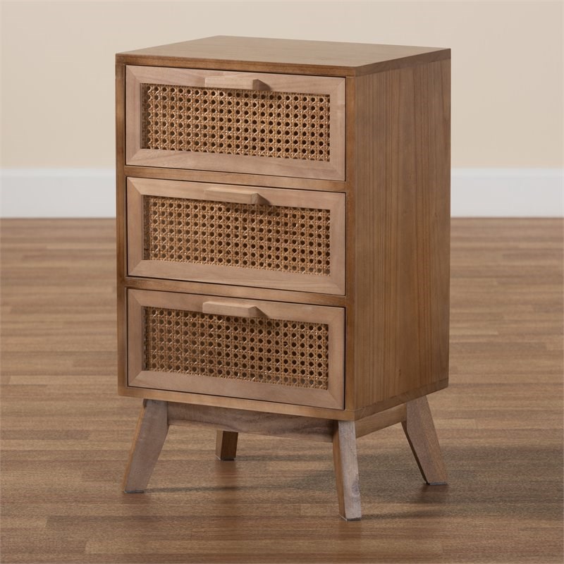 Baxton Studio Baden Walnut Brown Finished Wood 3-Drawer End Table with Rattan