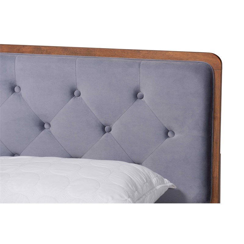 Baxton Studio Larue Grey Velvet and Brown Finished Wood Full Size Platform Bed