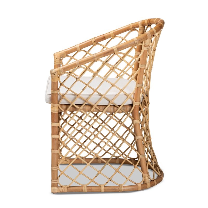 Baxton Studio Orchard White Fabric Upholstered and Brown Rattan Dining Chair