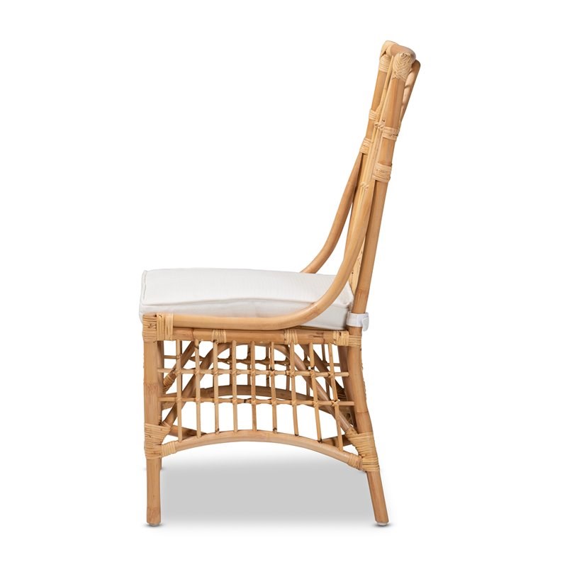 Baxton Studio Rose White Fabric Upholstered and  Brown Rattan Dining Chair