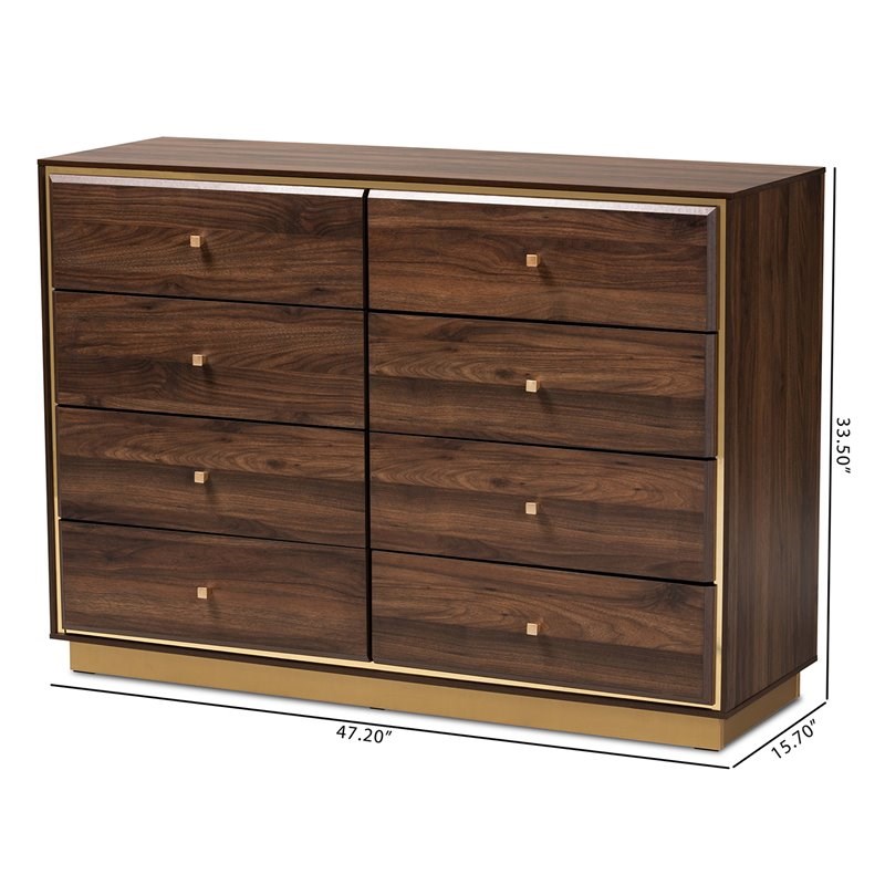 Baxton Studio Cormac Walnut Brown Finished Wood and Gold Metal 8-Drawer Dresser