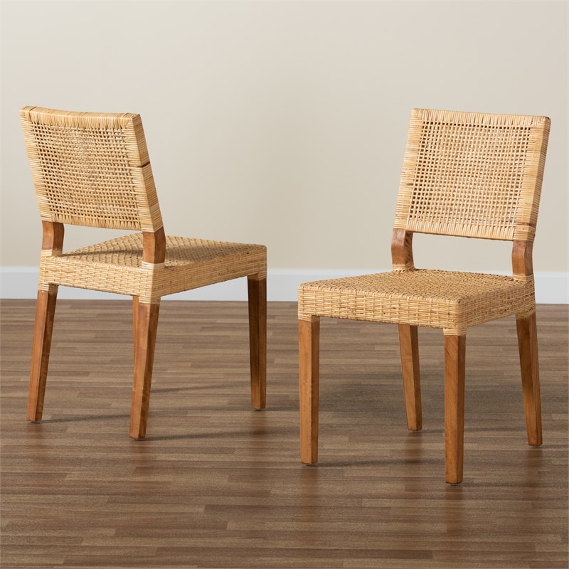 Baxton Studio Lesia Modern Brown Rattan and Brown Wood 2-Piece Dining Chair Set