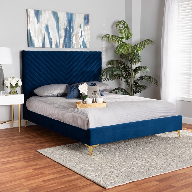 Baxton Studio Fabrico Blue Velvet Fabric and Gold Metal Queen Size Platform Bed