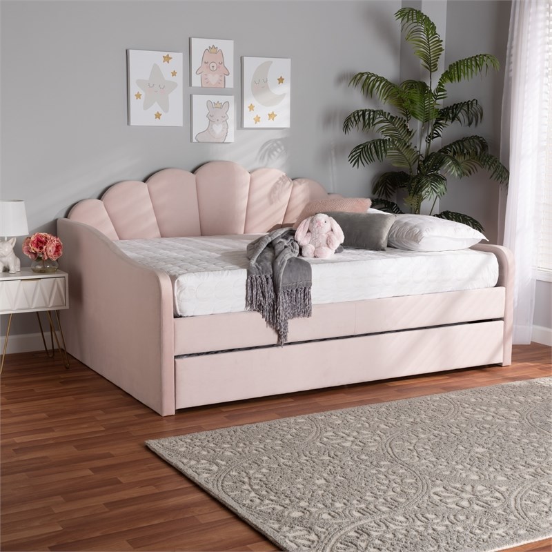 Baxton Studio Timila Light Pink Velvet Fabric Queen Size Daybed with Trundle