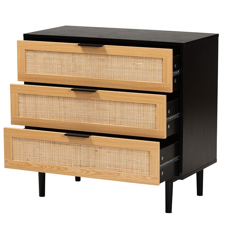 Baxton Studio Maureen Espresso Brown Wood and Rattan 3-Drawer Cabinet
