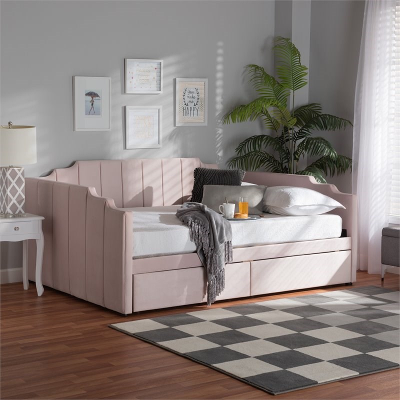 Baxton Studio Gulliver Light Pink Velvet Fabric Upholstered 2-Drawer Daybed