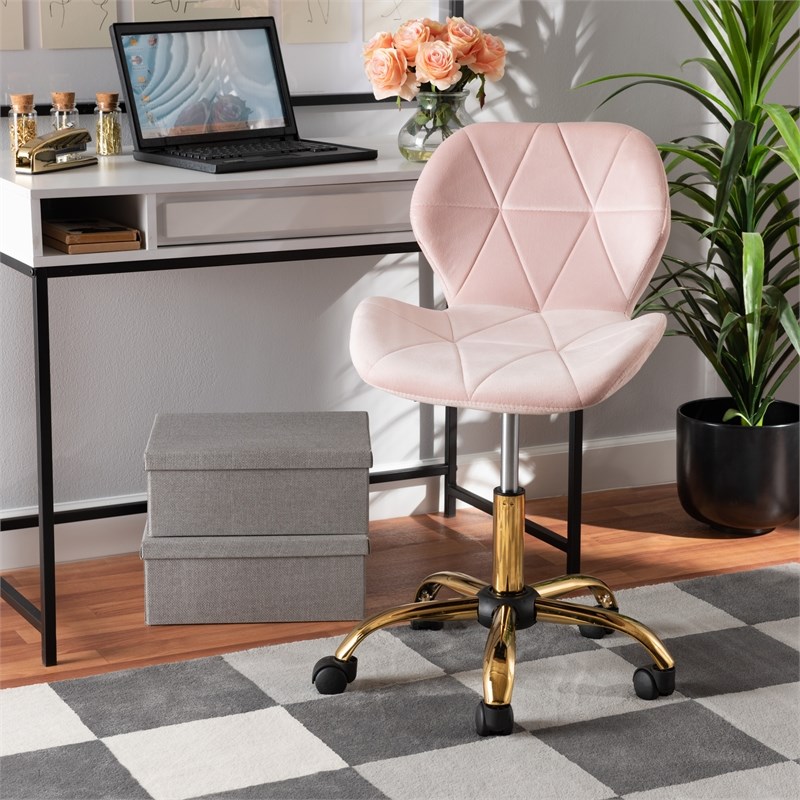 Baxton Studio Savara Pink Velvet Fabric and Gold Metal Swivel Office Chair
