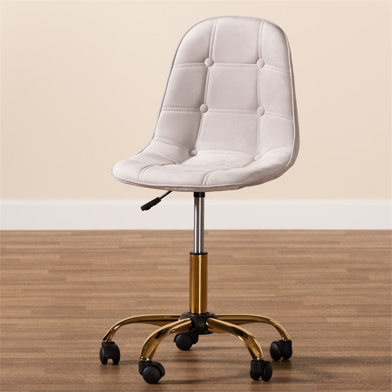 Baxton Studio Kabira Grey Velvet Fabric and Gold Metal Swivel Office chair