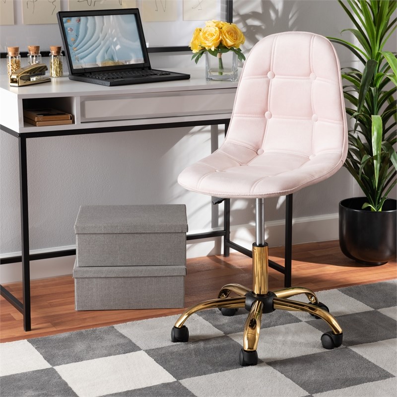 Baxton Studio Kabira Pink Velvet Fabric and Gold Metal Swivel Office chair