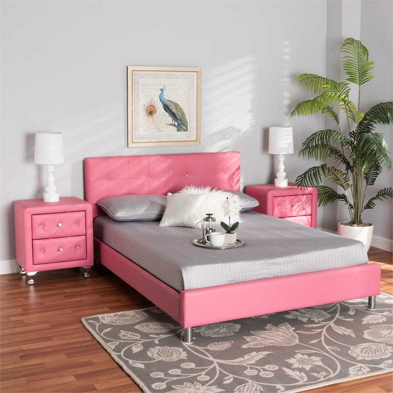 Baxton Studio Barbara Pink Faux Leather Upholstered Queen Size Bedroom Set
