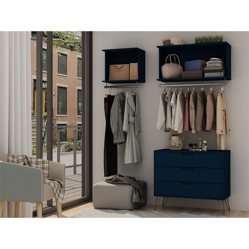 Rockefeller Wood 3 Pc. Open Closet Wardrobe Set in Tatiana Midnight Blue