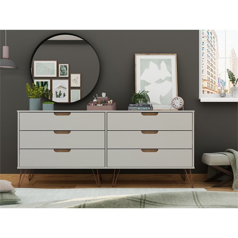 Rockefeller Wood Double Low 6-Drawer Dresser in Off White & Nature