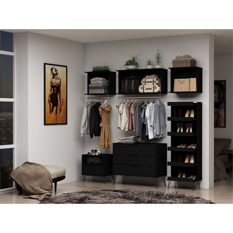 Rockefeller Wood 6 Pc. Modern Open Closet Organization Wardrobe Set in Black
