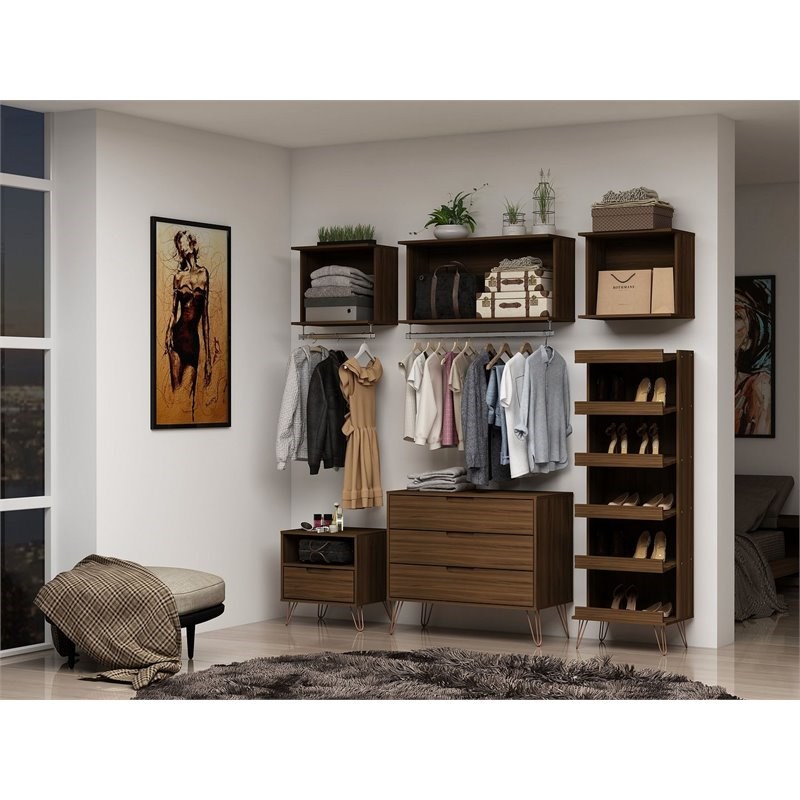 Rockefeller Wood 6 Pc. Modern Open Closet Organization Wardrobe Set in Brown