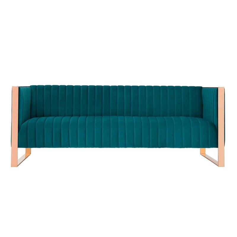 Vector 81.5 in Aqua Blue  Gold Glam Modern Velvet Upholstered 3 Seat Sofa