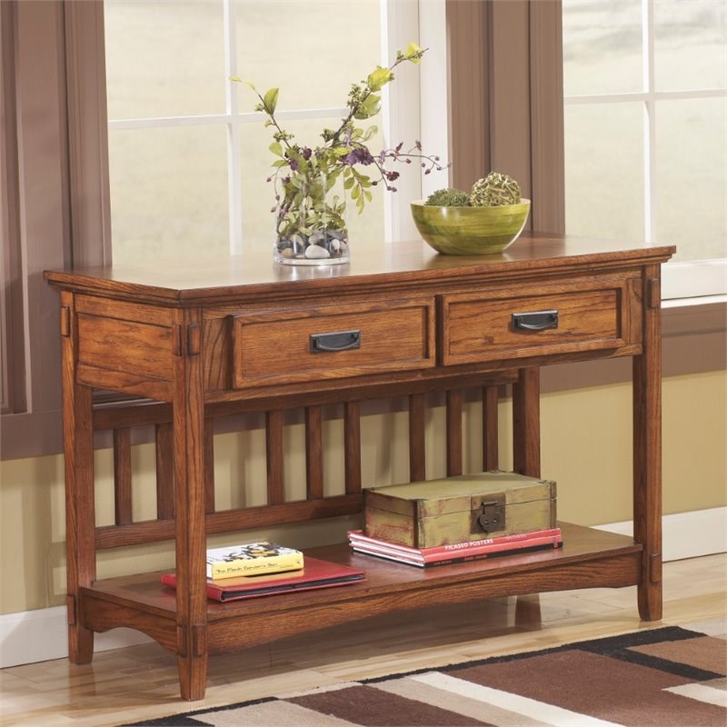 ashley furniture cross island engineered wood console table in medium