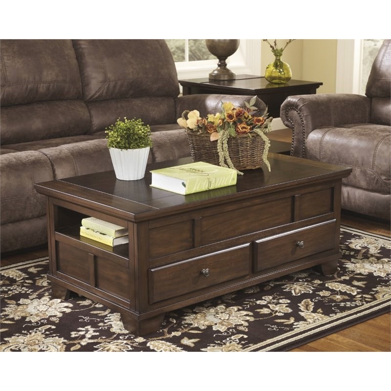 Ashley Furniture Gately Lift Top Coffee Table in Medium Brown Homesquare