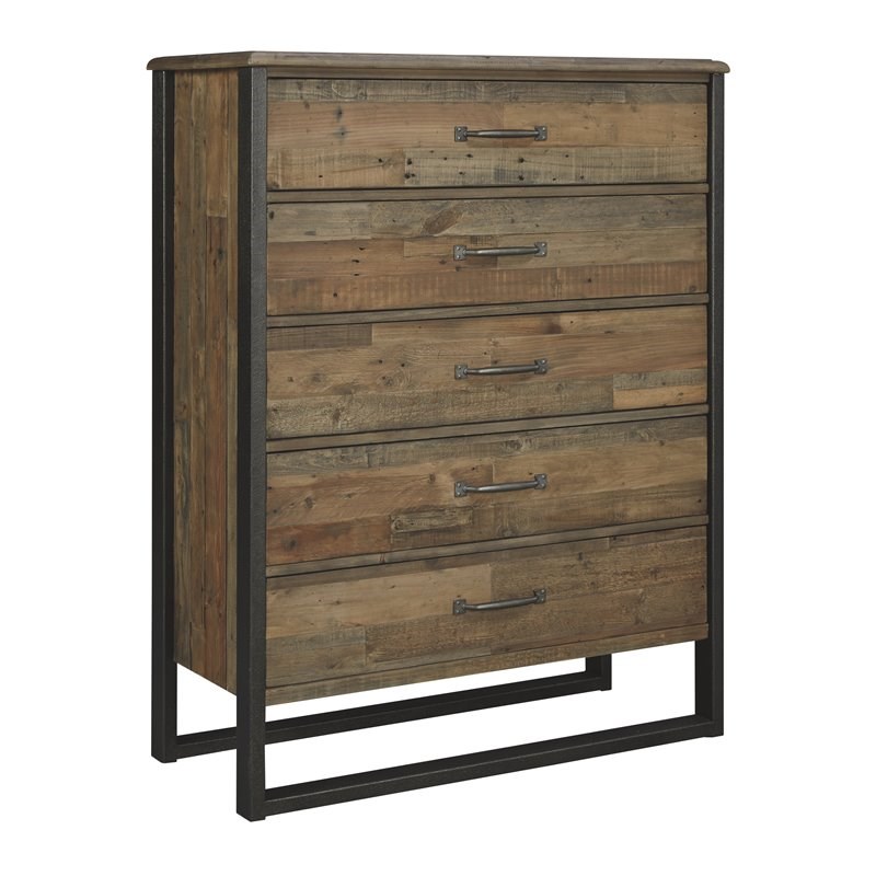Ashley Furniture Sommerford Pine Wood 5-Drawer Chest in Light Grayish Brown