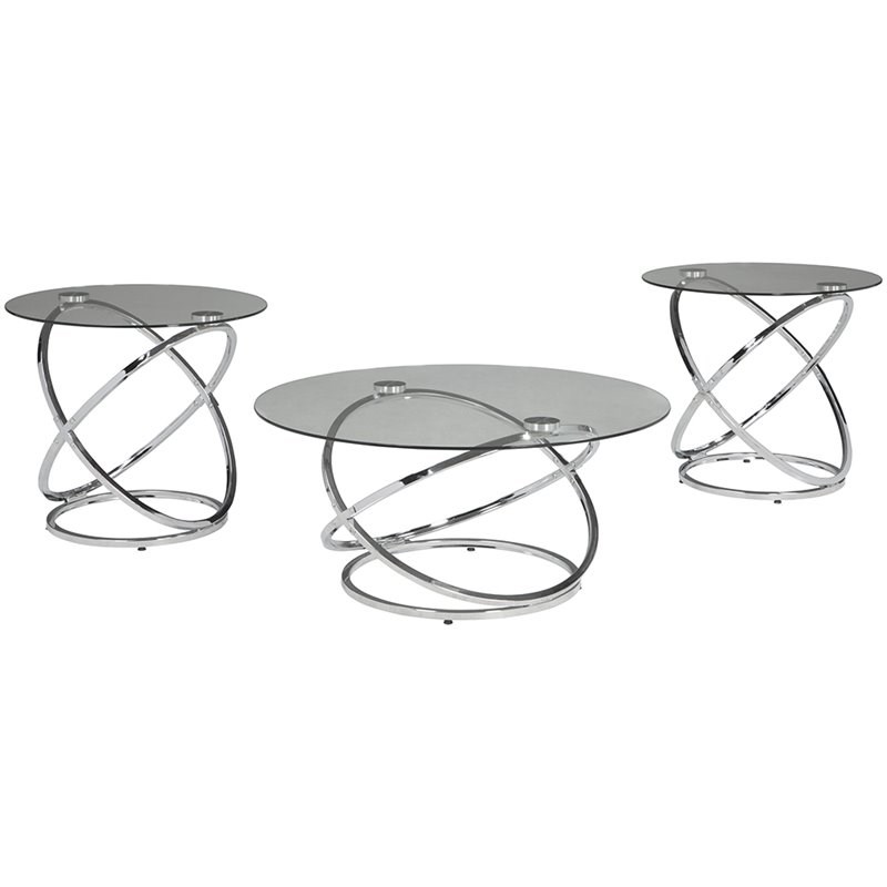 Ashley Furniture Hollynyx 3 Piece Glass Top Coffee Table Set In Chrome Homesquare