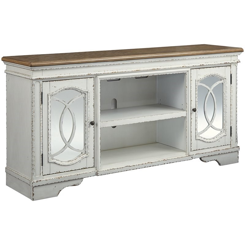 Ashley Furniture Realyn 74"" TV Stand in Chipped White and Brown