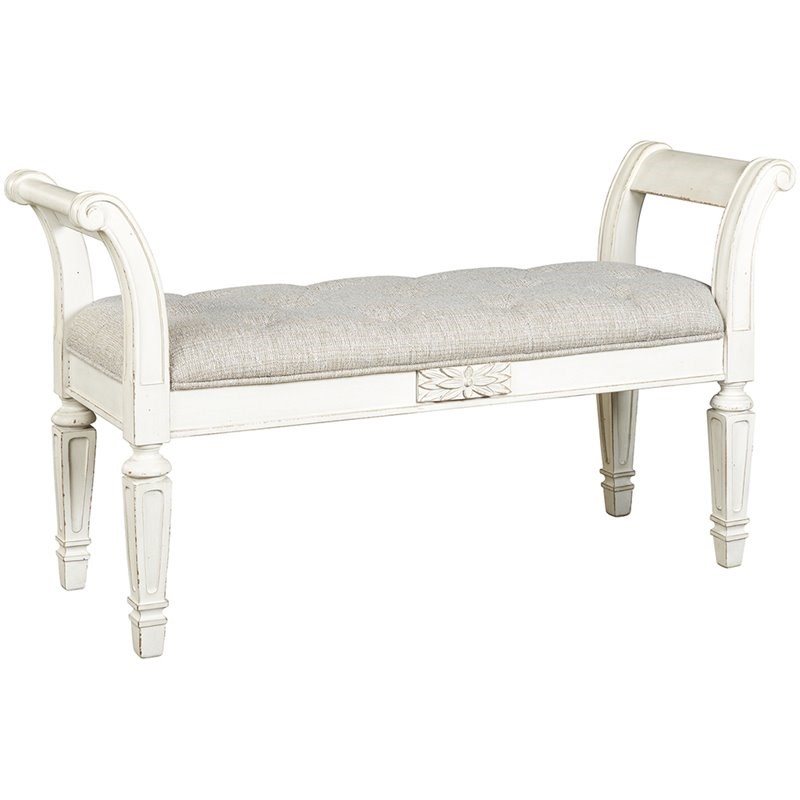 Ashley Realyn Tufted Bench with Scrolled Arm in Antique White