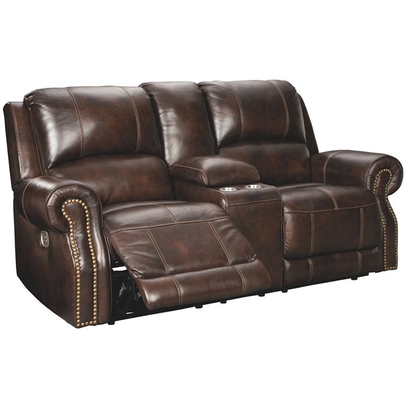 Ashley Furniture Buncrana Leather Power Reclining Loveseat in Chocolate