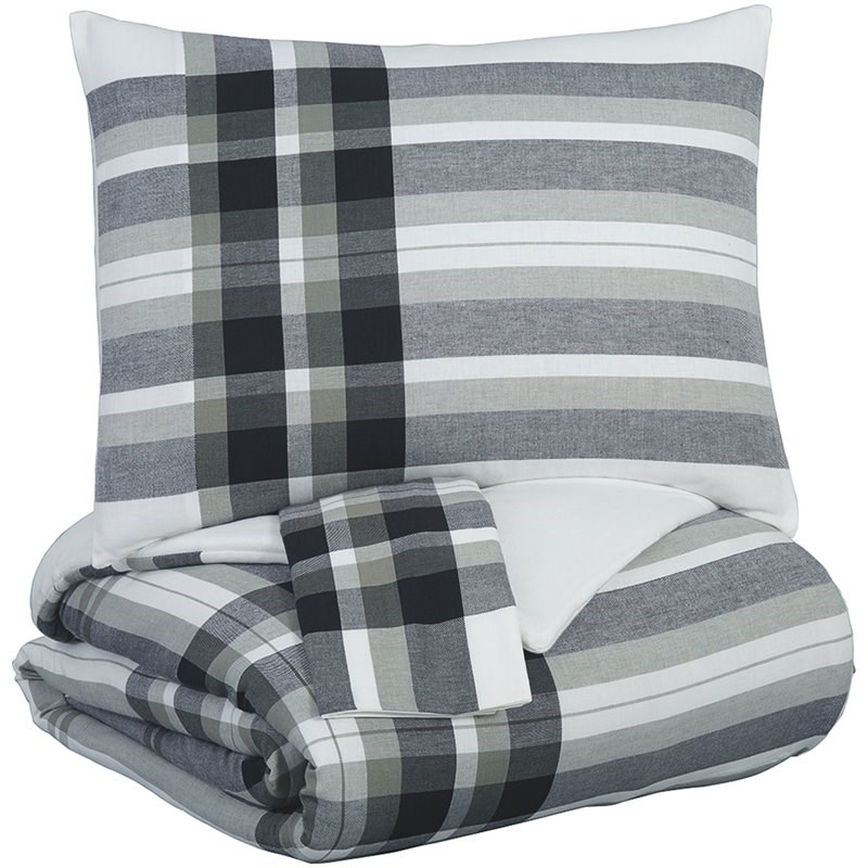 Ashley Furniture Stayner 3 Piece Plaid Queen Comforter Set in Black and Gray