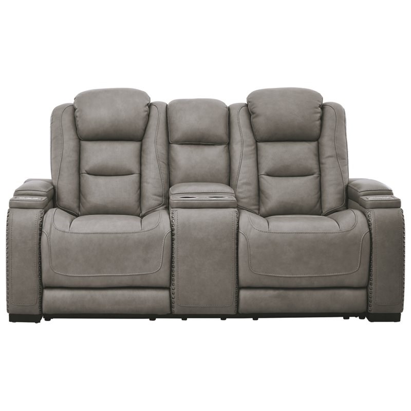 Signature Design by Ashley The Man-Den Leather Power Reclining Loveseat in Gray