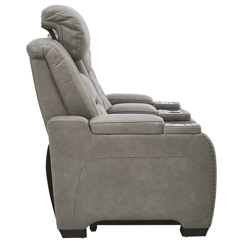 Signature Design by Ashley The Man-Den Leather Power Reclining Loveseat in Gray