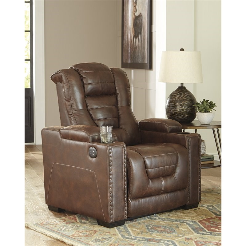 ashley furniture owner's box faux leather power recliner in thyme 2450513