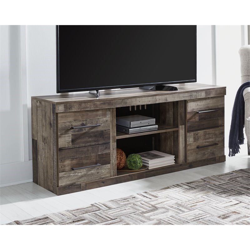 Ashley Furniture Derekson Butcher Block TV Stand with Fireplace Option in Gray