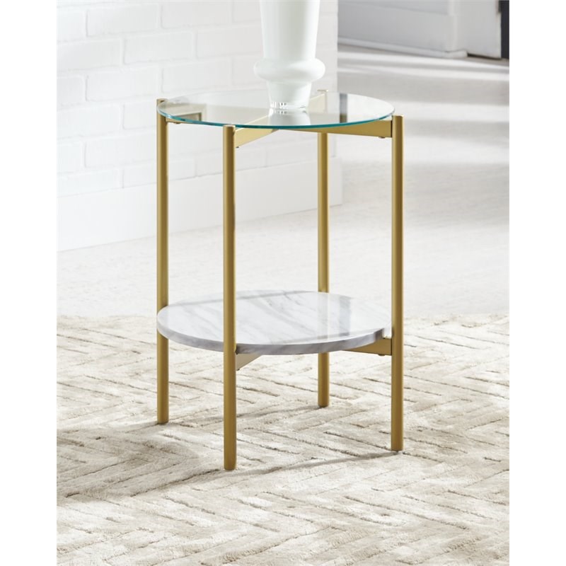 Ashley Furniture Wynora Engineered Wood Round End Table in Gold & White
